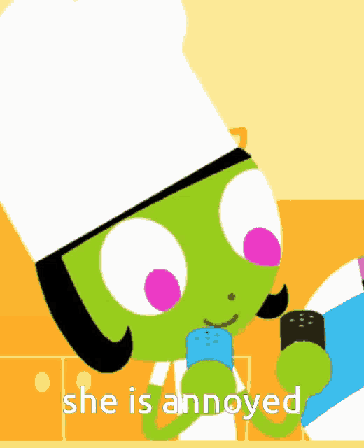 a green cartoon character wearing a chef 's hat is holding a salt and pepper shaker and says she is annoyed