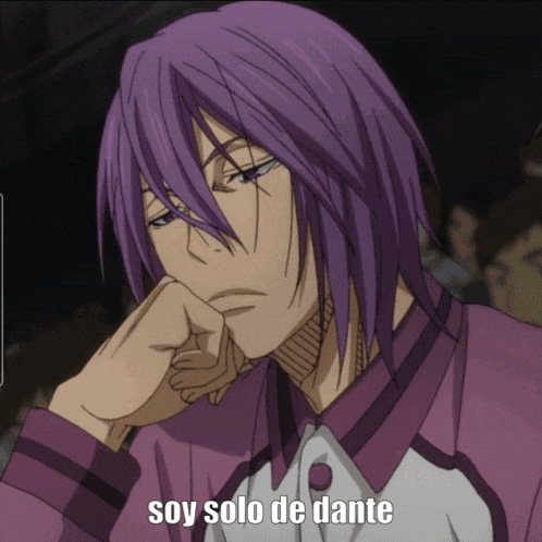 a man with purple hair has the words soy solo de dante above his head