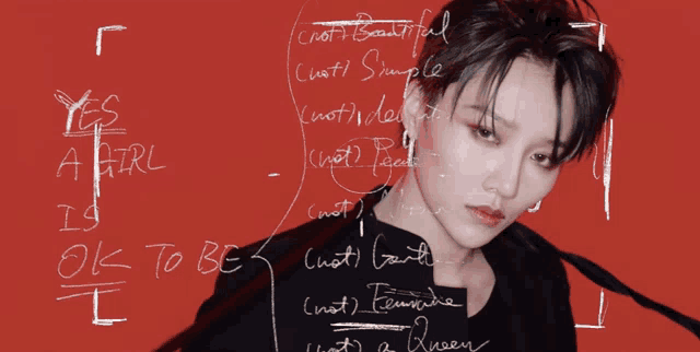 a woman is surrounded by writing that says yes a girl is ok to be queen