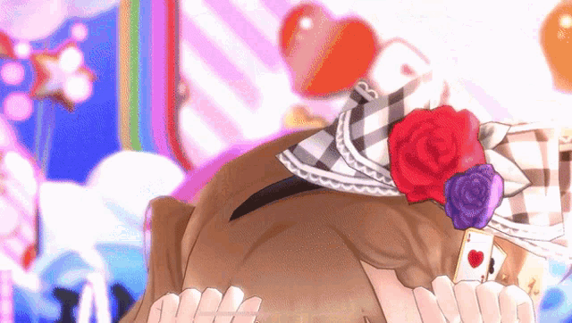 a girl wearing a headband with roses and playing cards