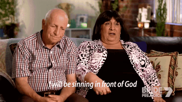 a man and a woman are sitting on a couch with the words " i will be sinning in front of god "