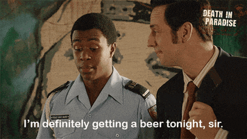 a man in a suit says " i 'm definitely getting a beer tonight sir .. "