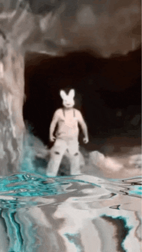 a person wearing a white bunny costume is standing in the water