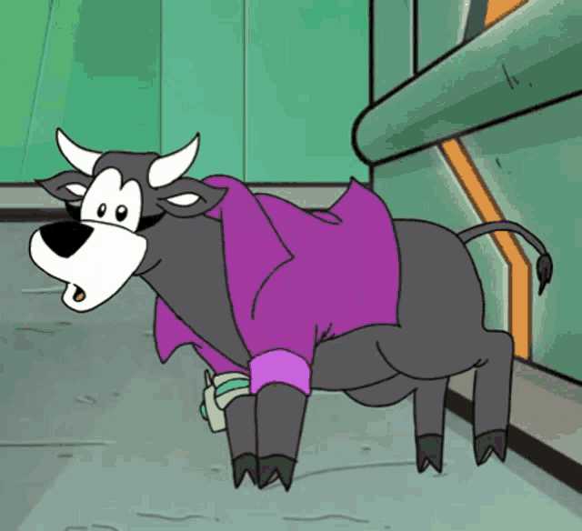 a cartoon cow is wearing a purple shirt and standing on its hind legs