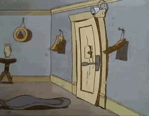 a cartoon drawing of a room with a door that is open and a shadow on the floor .