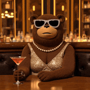 a teddy bear wearing sunglasses and pearls sits at a table with a martini glass
