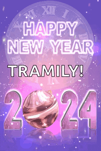 a happy new year greeting card with the name tramily on it