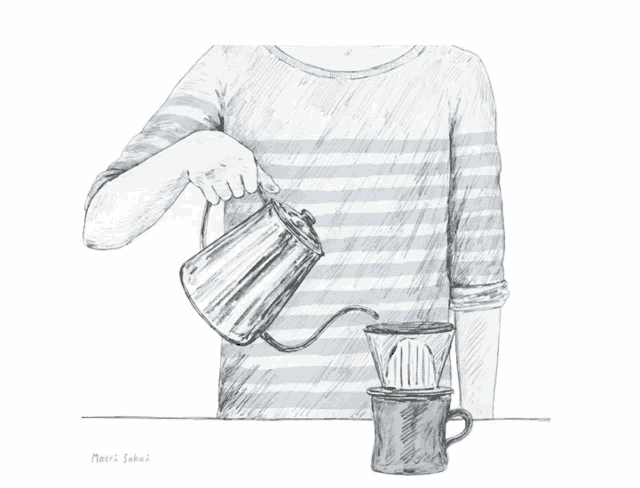 a drawing of a person pouring coffee with the words take it written on the shirt