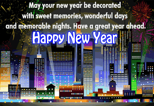 a new year greeting with a city skyline and fireworks