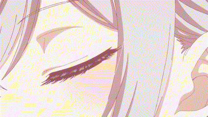 a close up of a anime girl 's eyes with a purple pupil
