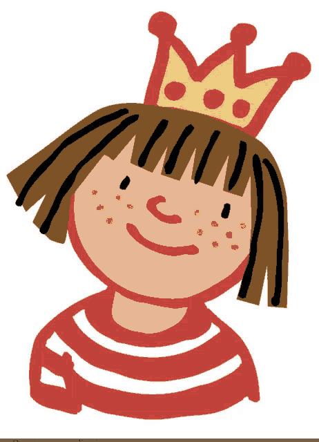 a girl wearing a red and white striped shirt and a yellow crown on her head