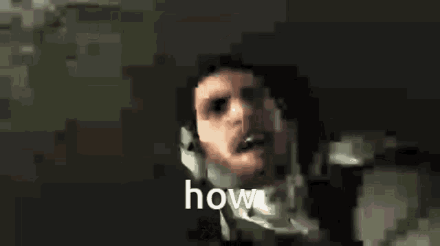 a pixelated image of a man screaming with the words `` how '' written on the bottom .