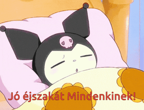 a cartoon character with a skull on its head is laying in a bed with the words " jo ejszakat mindenkinek " below it