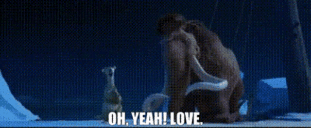 a couple of animals standing next to each other with the words oh yeah love