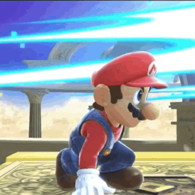 a cartoon character is kneeling down on a rug in a video game while wearing a red hat and gloves .