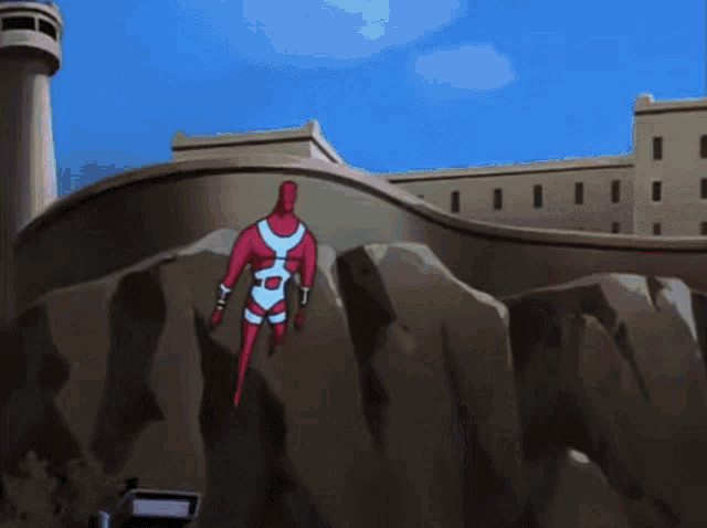 a cartoon character in a red and white superhero costume is standing on one leg