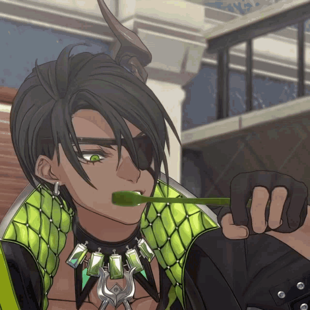 a cartoon character is brushing his teeth with a green toothpaste