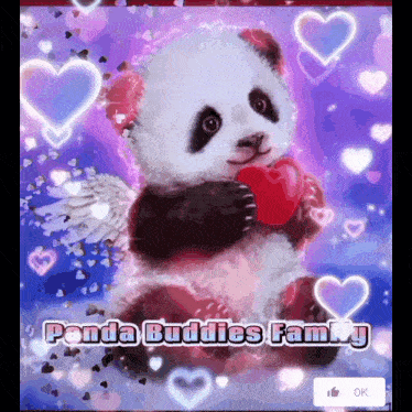 a panda bear with angel wings holding a heart with the words panda buddies family below