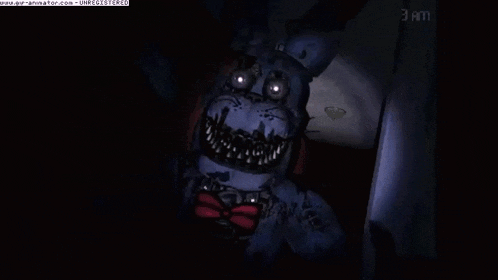 bonnie the bunny from five nights at freddy 's is coming out of the dark and looking at the camera .