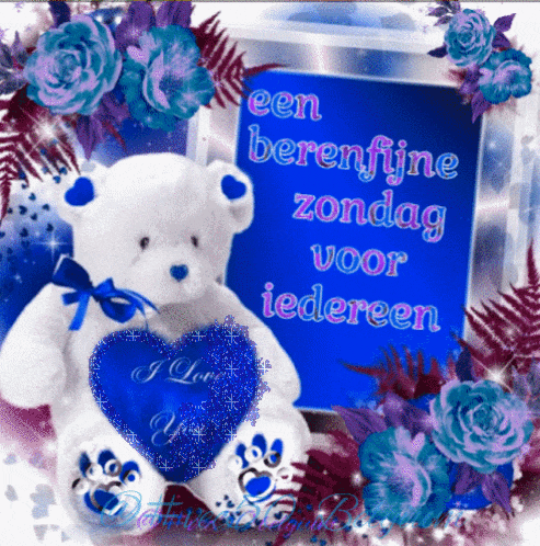 a teddy bear is holding a blue heart with the words i love you written on it