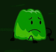 a green cartoon character with a sad face and arms and legs