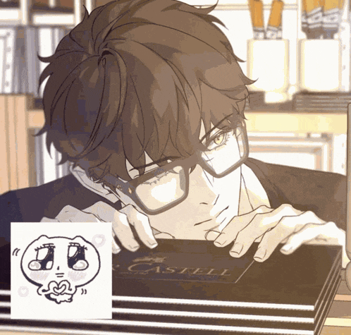 a drawing of a man with glasses looking at a book that says castell