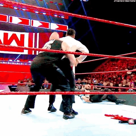 a man in a white shirt is wrestling another man in a black shirt in a wrestling ring