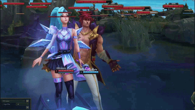 a man and a woman are standing next to each other in a video game and the woman has a purple haircut