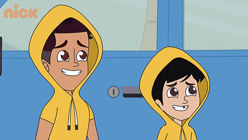 two cartoon boys wearing yellow hoodies are standing next to each other with a nick logo in the background