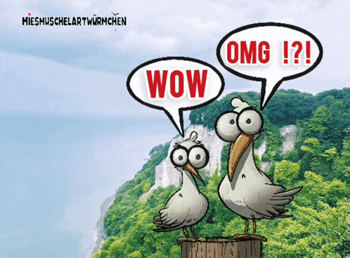 a cartoon of two seagulls with speech bubbles saying wow and omg
