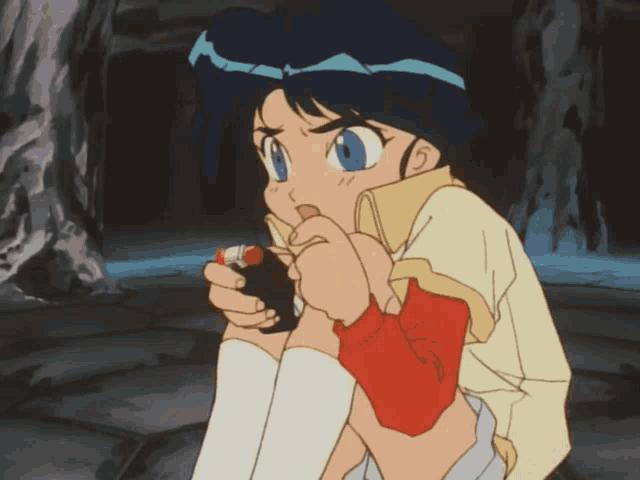 a cartoon girl with blue eyes is holding a lighter