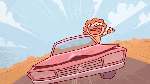 a cartoon of a woman in a pink car