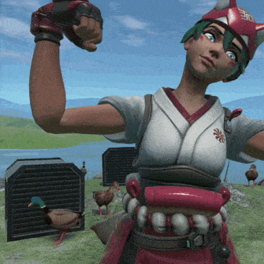 a video game character flexes her muscles in front of a few ducks