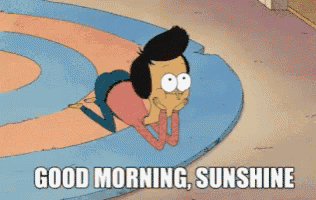 a cartoon character laying on the ground with the words " good morning sunshine " below him