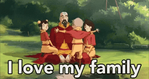 a man is sitting in a lotus position with three children and the words `` i love my family '' written below him .