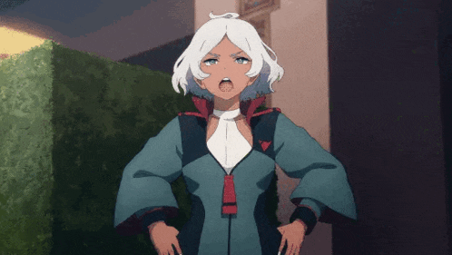 a cartoon character with white hair and a blue coat