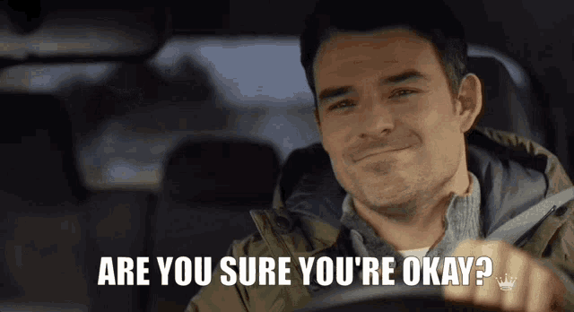 a man in a car with the words " are you sure you 're okay "