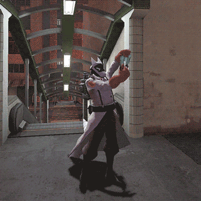 a cartoon character is standing in a hallway holding a camera