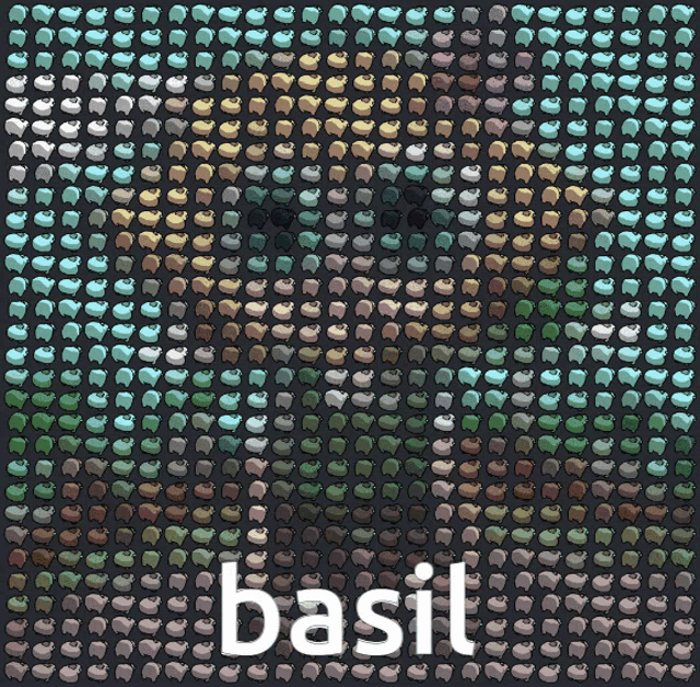 the word basil is on a black background with lots of dots