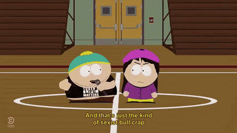 two south park characters are sitting on a basketball court and one of them is wearing a shirt that says just because it matters
