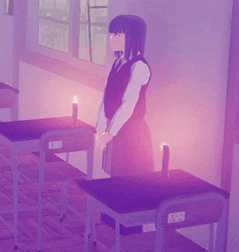 a girl in a purple dress stands in a classroom with candles