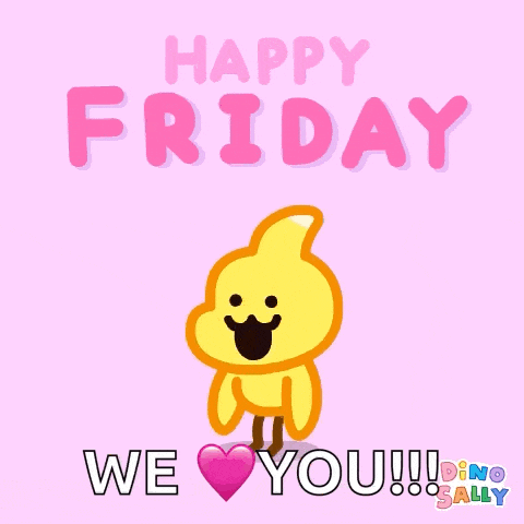 a happy friday greeting card with a cartoon chicken holding a pink heart