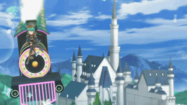 a girl is riding a train in front of a castle with mountains in the background