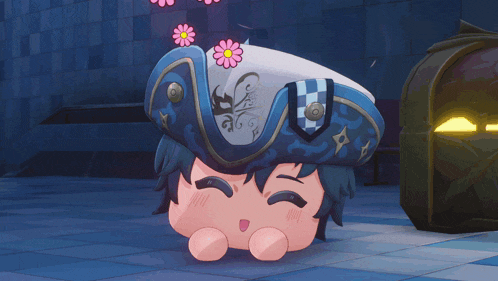 a cartoon character is wearing a blue and white hat with flowers on it