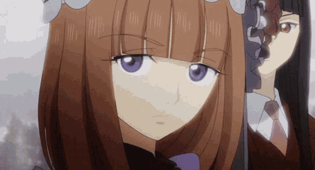 a close up of a girl with purple eyes