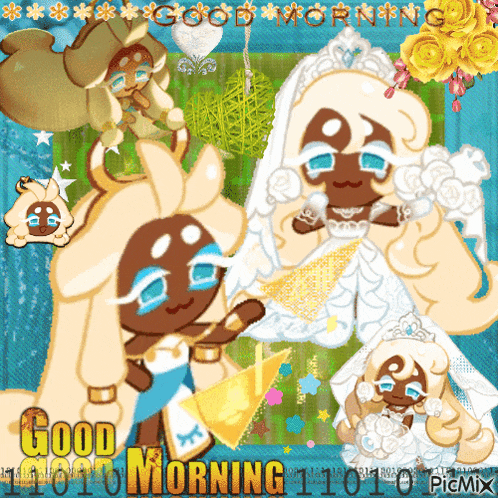 a picture of a cookie in a wedding dress with the words good morning written below it
