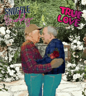 a couple of older men hugging with the words true love behind them