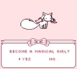 a pixel art of a cat with the words become a magical girl written on it