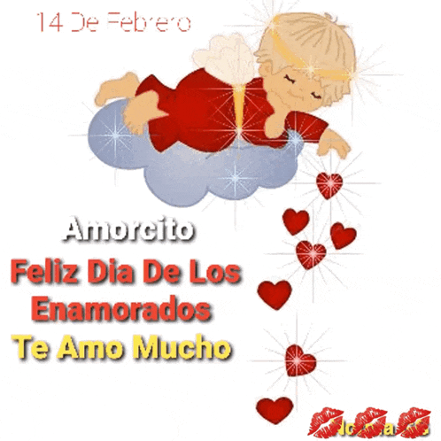 a greeting card for 14 de febrero with a cupid on a cloud with hearts coming out of it