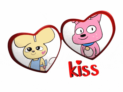 two cartoon characters in heart shaped frames with the word kiss underneath them